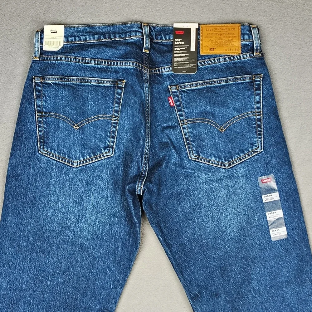 Levis Premium 502 Big E Men 36x34 Blue Dark Wash Taper Leg Stretch Classic NWT